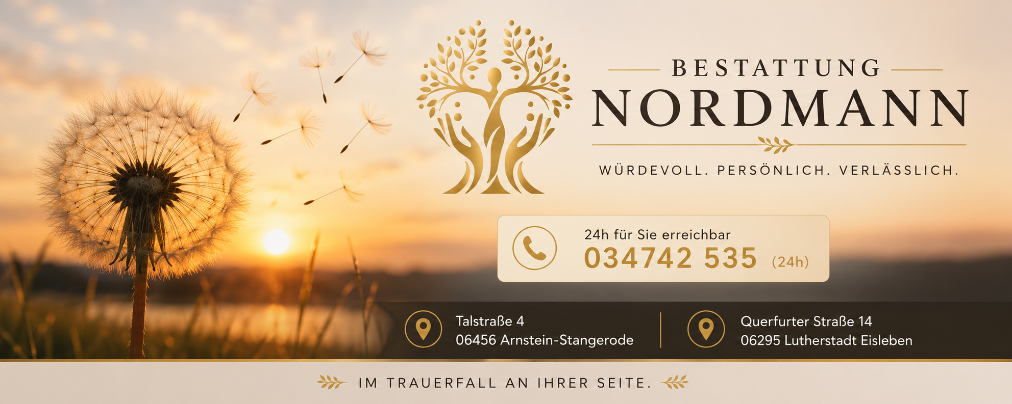 Bestattung Nordmann – Pusteblume im Sonnenuntergang, Telefonnummer und Standorte